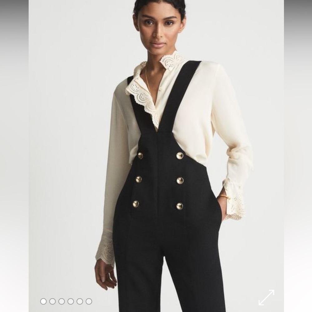 Reiss Black Gold-Button Wide-Leg Dungaree Jumpsuit - Picture 4 of 7